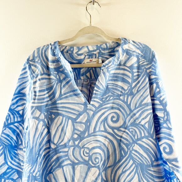 Vineyard Vines Blue and White Nautilus Shell Print Linen Blend Tunic Top XL - Picture 7 of 8